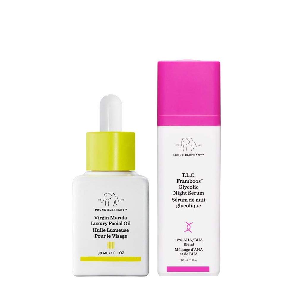 Drunk Elephant Full Sized Night Bright Duo - Nighttime Skin care Routine with T.L.C. Framboos Glycolic Night Serum and Virgin Marula Luxury Facial Oil